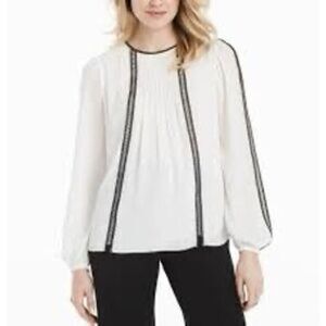 White House Black Market Pleated White Blouse with Black Lace Detail